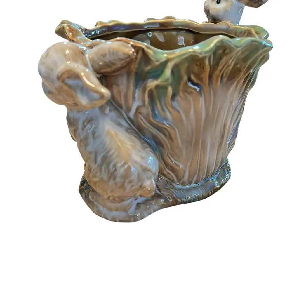Bunny Rabbit Planter Vintage Ceramic Cabbage Peter Rabbit Glazed Retro Country